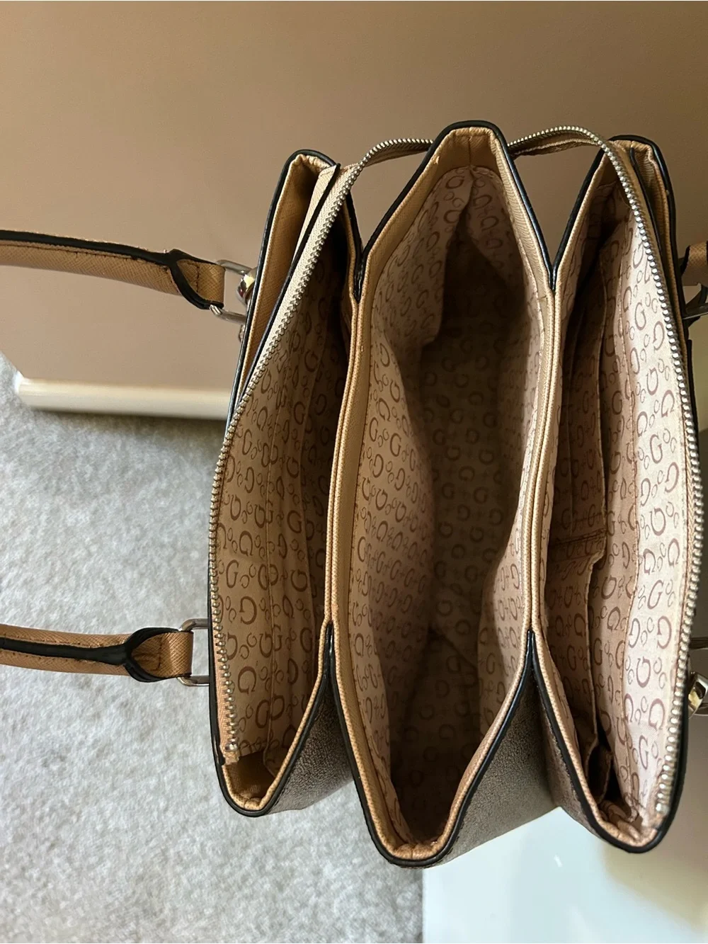 GUESS Tan Logo Print Satchel with Beige Trim